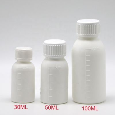 30mL/50mL/100mL PP White Liquid Medicine Bottle with Scaled Body and Screen Printing