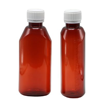 200ml Oval Amber Prescription Pharmacy PET Liquid Medicine Container with Lid and Scale