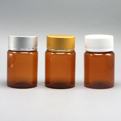 Refillable 60ml Amber PET Pill Capsule Fish Oil Bottle with Silver Aluminum Screw Cap